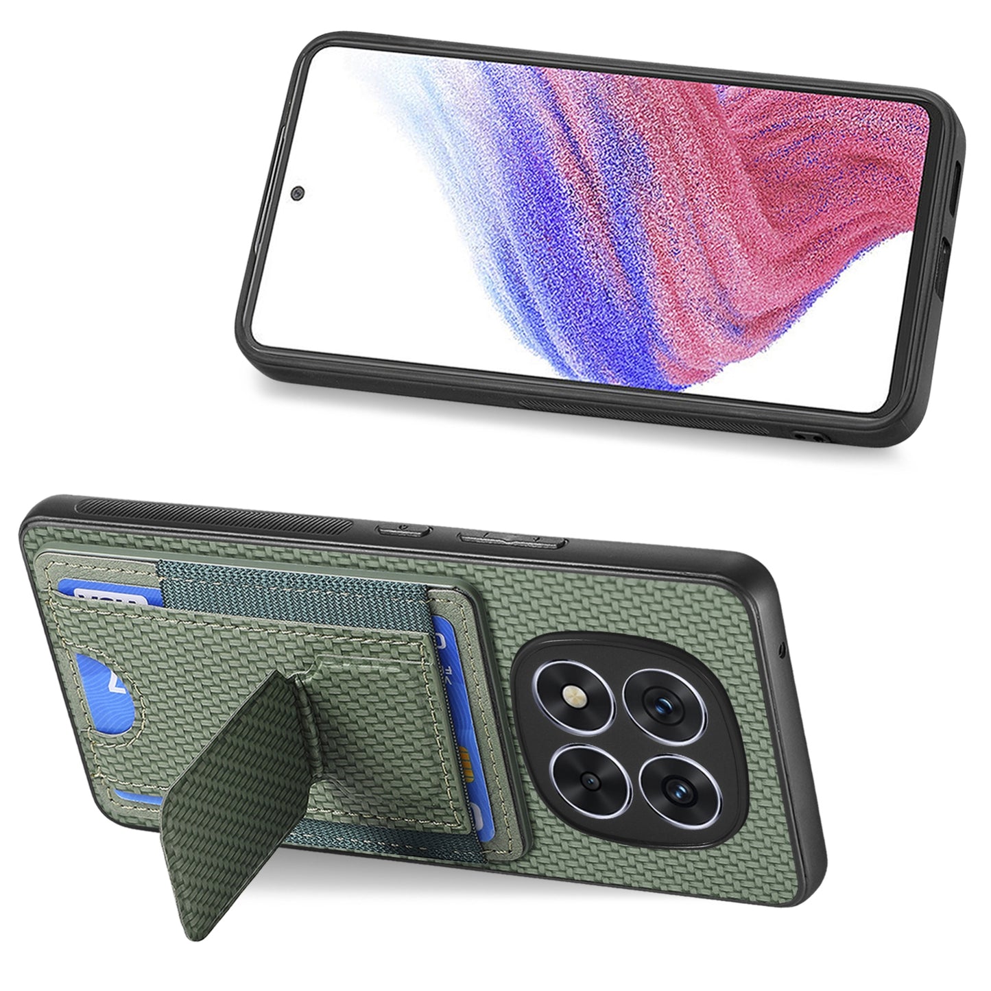 Xiaomi Redmi Note 14 Pro 5G Carbon Fiber Fold Stand Elastic Card Bag Phone Case with Multi-Functional Wallet