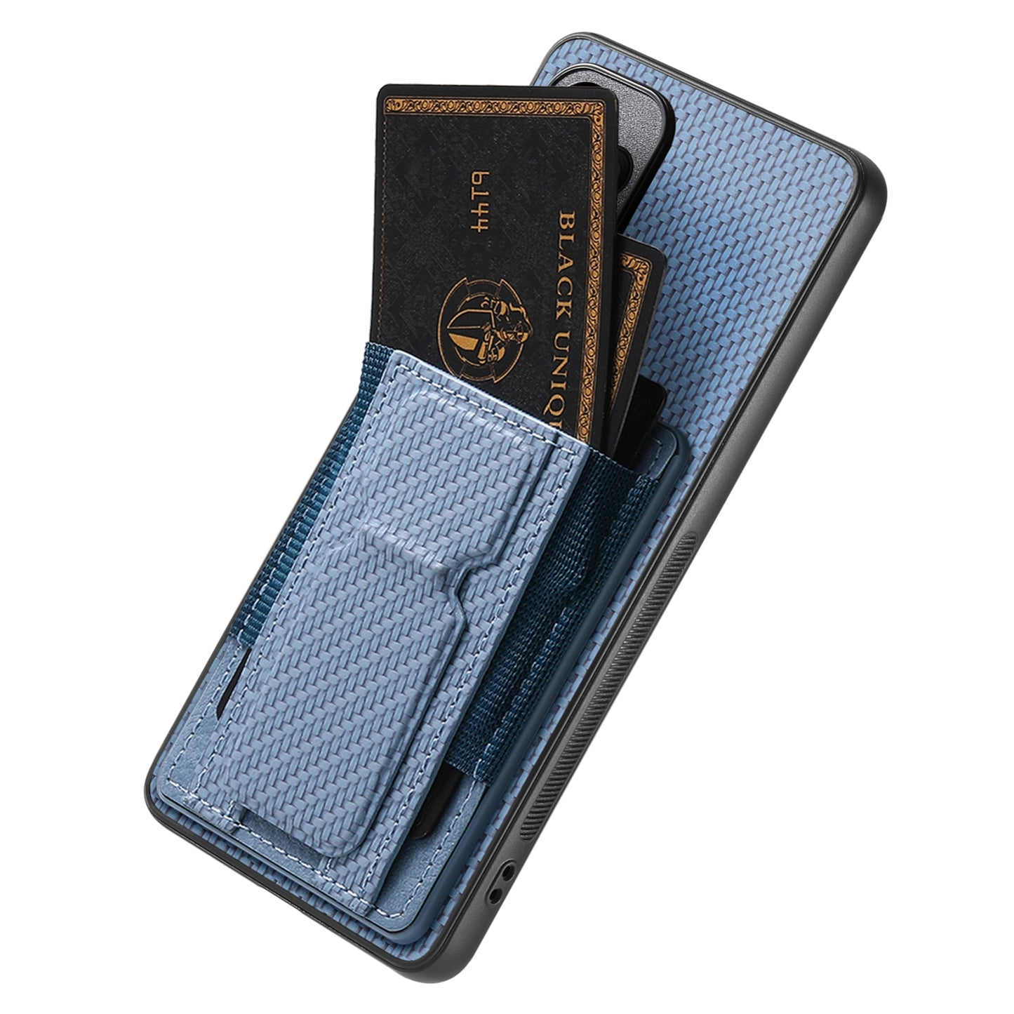 Xiaomi Redmi Note 14 Pro+ 5G Carbon Fiber Fold Stand Elastic Card Bag Phone Case with Multi-Functional Wallet