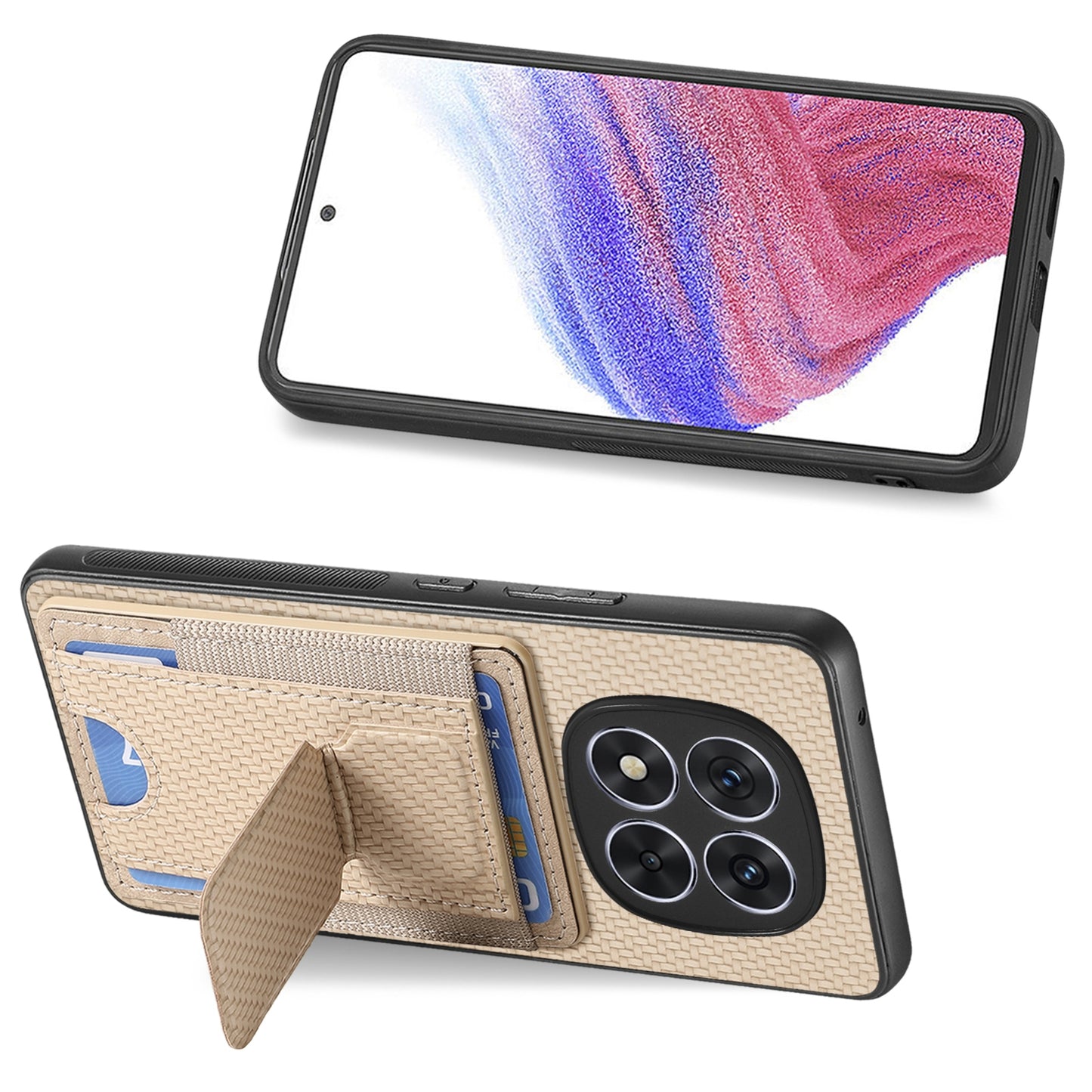 Xiaomi Redmi Note 14 Pro+ 5G Carbon Fiber Fold Stand Elastic Card Bag Phone Case with Multi-Functional Wallet