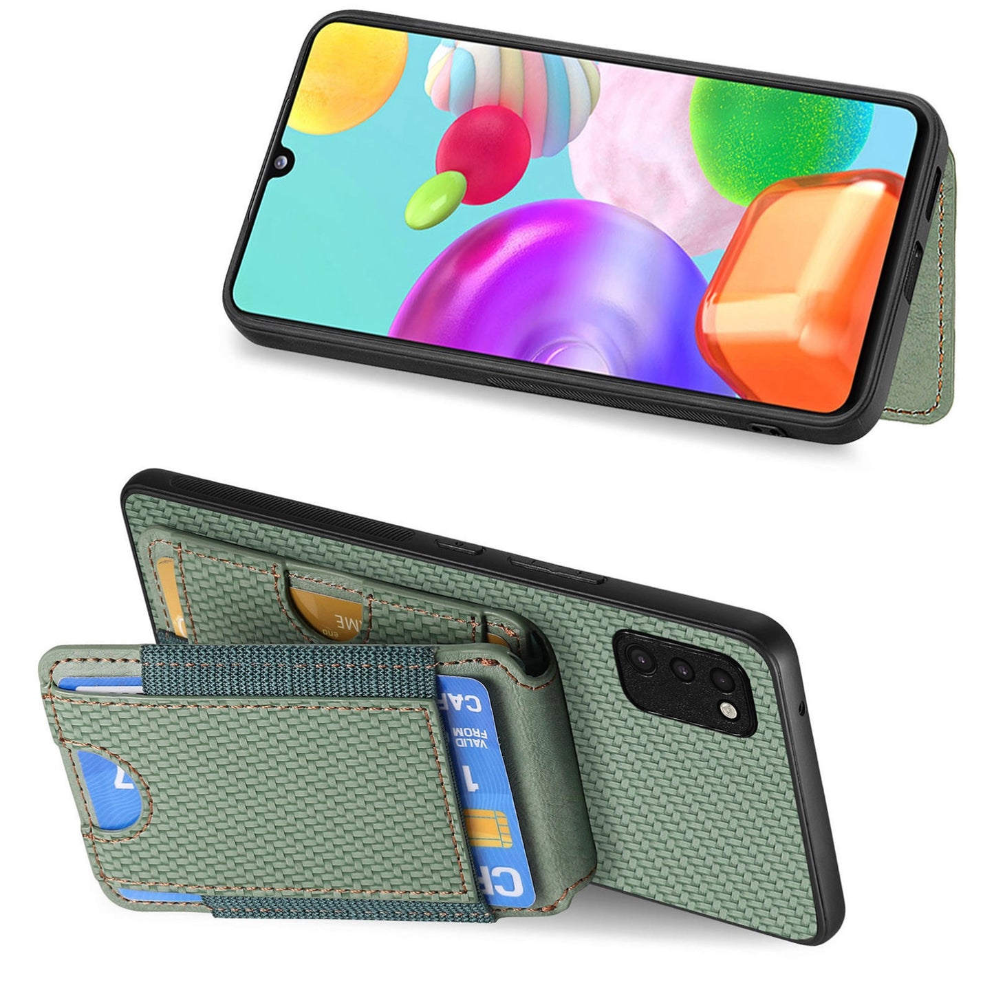 Samsung Galaxy A41 Vertical Flip Wallet Stand Phone Case with Carbon Fibre Pattern
