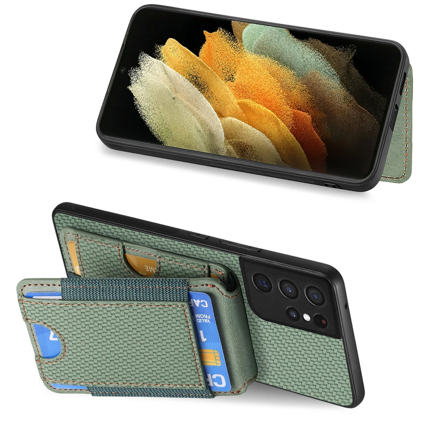 Samsung Galaxy S21 Ultra 5G Vertical Flip Wallet Stand Phone Case with Carbon Fibre Pattern