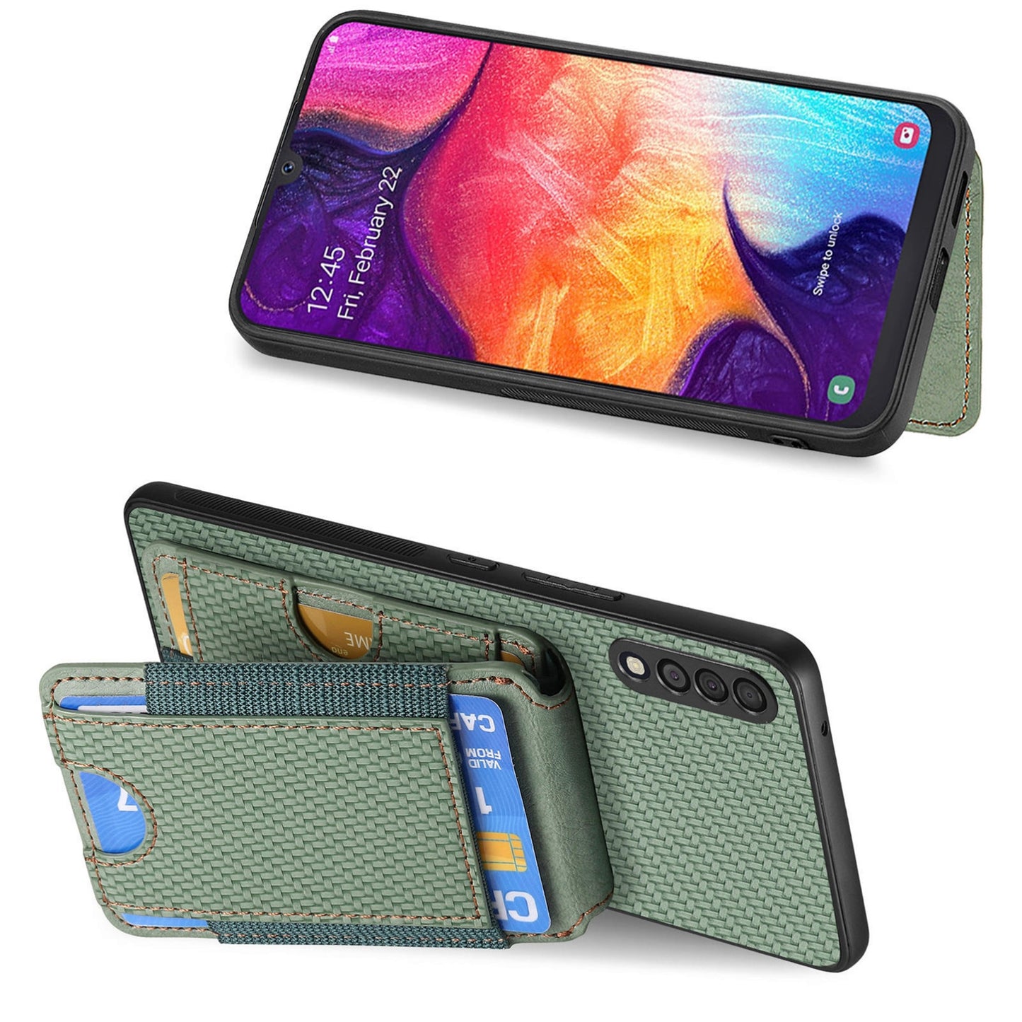 Samsung Galaxy A10 Vertical Flip Wallet Stand Phone Case with Carbon Fibre Pattern