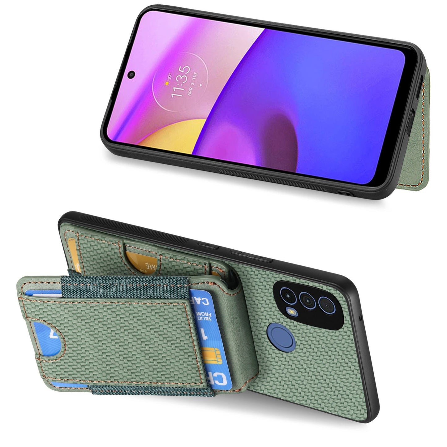 Motorola Moto E40 Vertical Flip Wallet Stand Phone Case with Carbon Fibre Pattern
