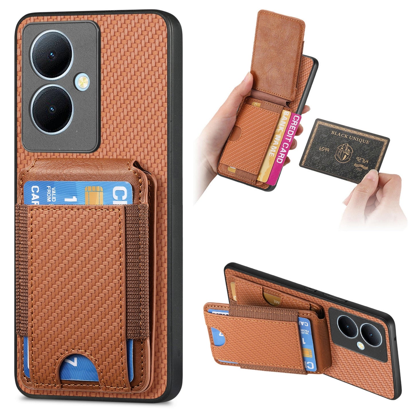 For Vivo Y35M+ Vertical Flip Wallet Stand Phone Case with Carbon Fibre Pattern