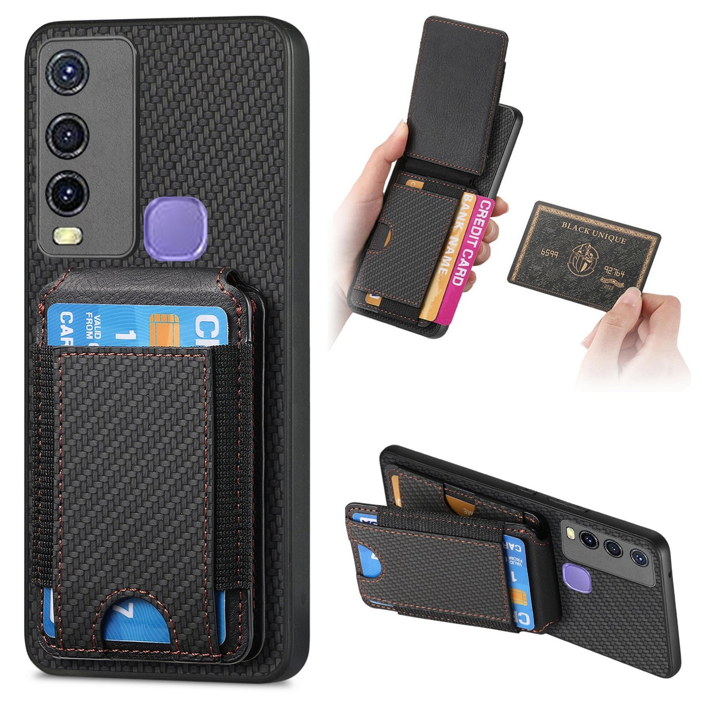 For vivo Y50 Vertical Flip Wallet Stand Phone Case with Carbon Fibre Pattern