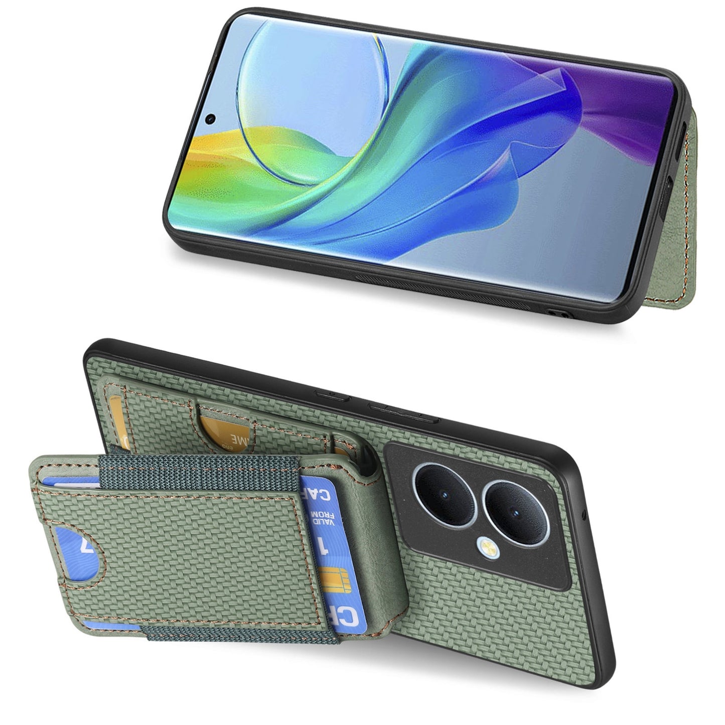 vivo V27E Vertical Flip Wallet Stand Phone Case with Carbon Fibre Pattern