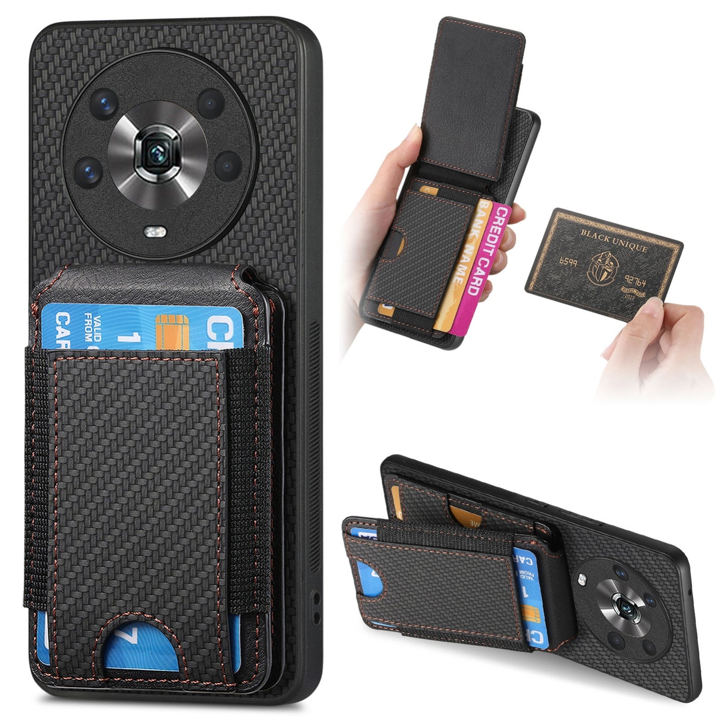 Honor Magic4 5G Vertical Flip Wallet Stand Phone Case with Carbon Fibre Pattern