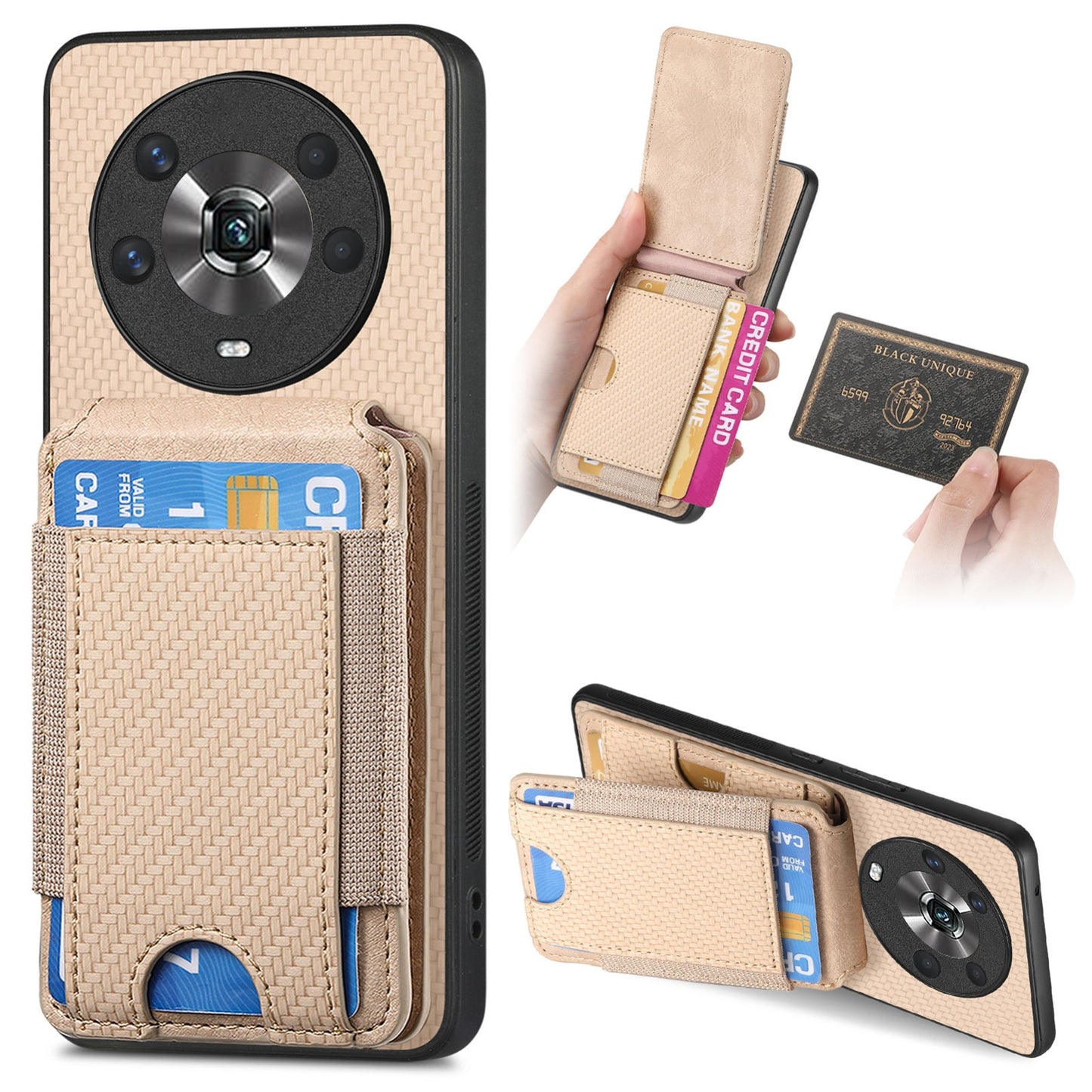 Honor Magic4 5G Vertical Flip Wallet Stand Phone Case with Carbon Fibre Pattern