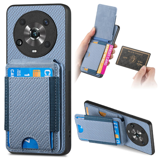 Honor Magic4 Pro Vertical Flip Wallet Stand Phone Case with Carbon Fibre Pattern