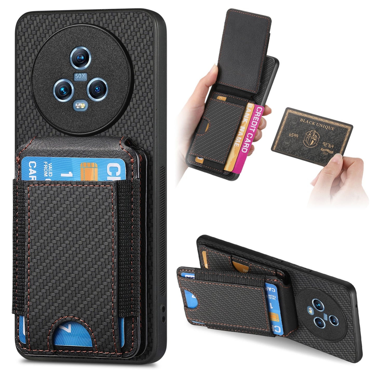 Honor Magic5 Vertical Flip Wallet Stand Phone Case with Carbon Fibre Pattern