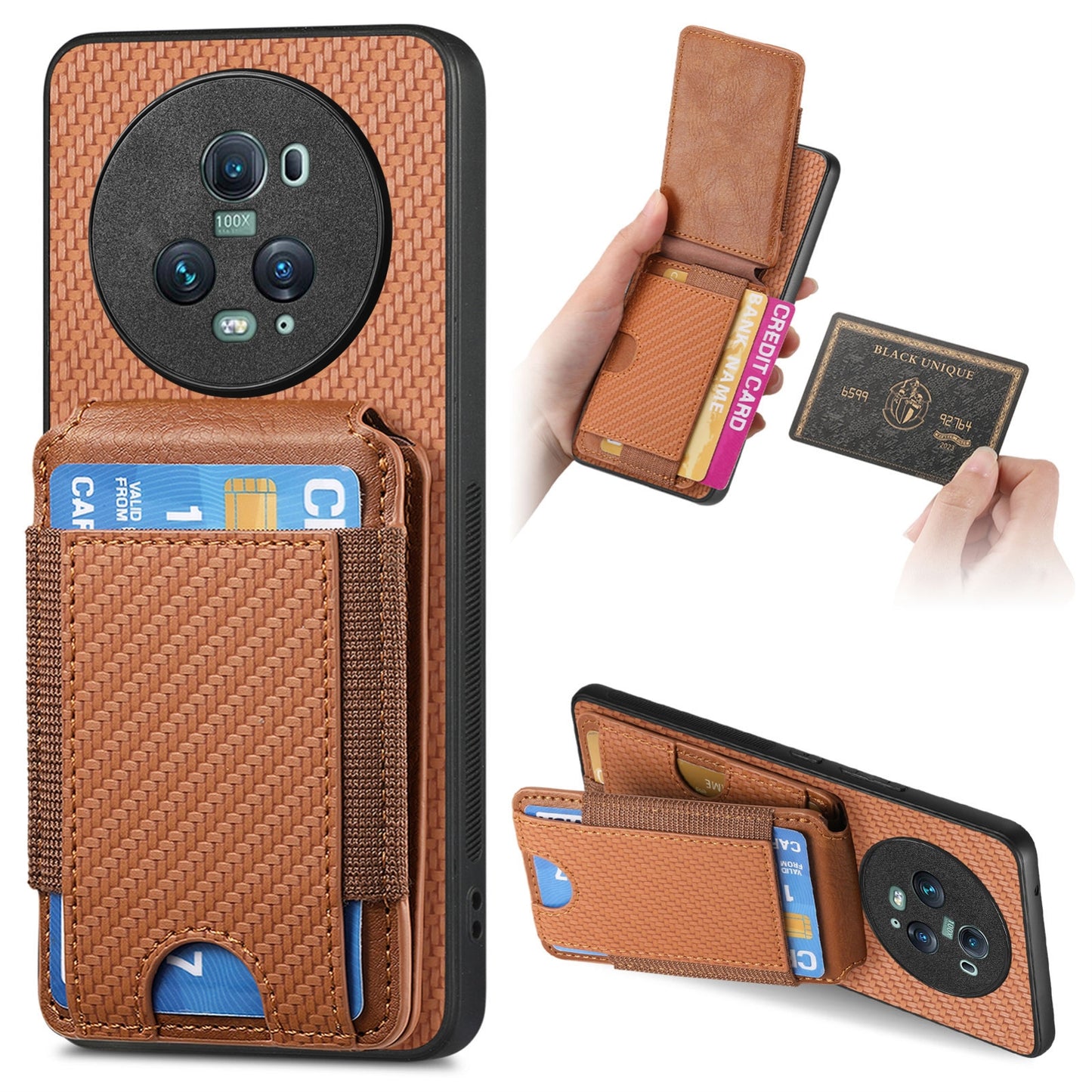 Honor Magic5 Pro Vertical Flip Wallet Stand Phone Case with Carbon Fibre Pattern