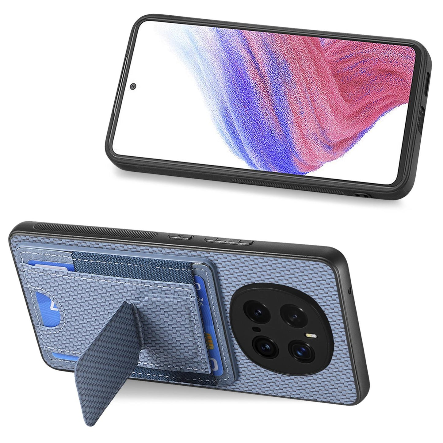 Honor Magic7 Pro Carbon Fiber Fold Stand Elastic Card Bag Phone Case with Multi-Functional Wallet