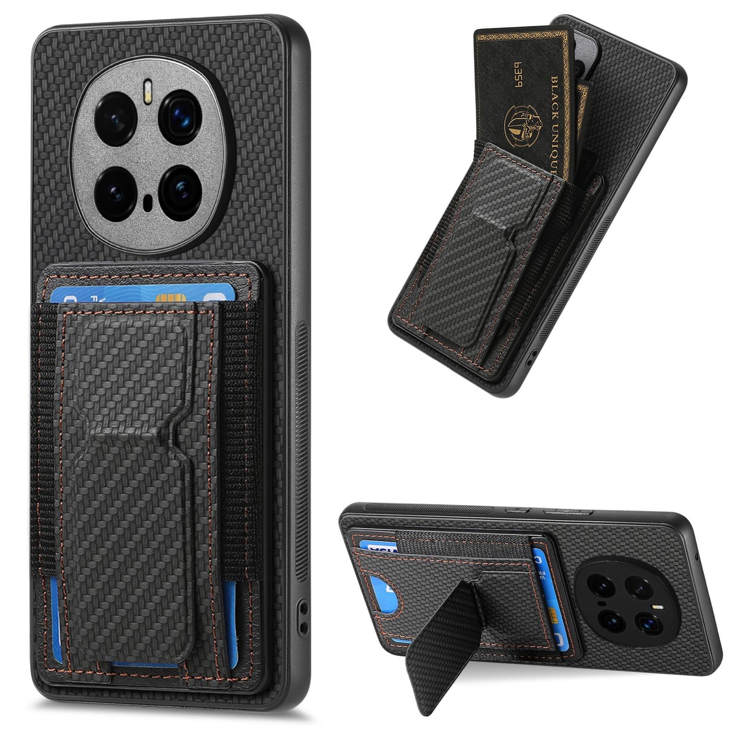 Honor Magic7 Pro Carbon Fiber Fold Stand Elastic Card Bag Phone Case with Multi-Functional Wallet