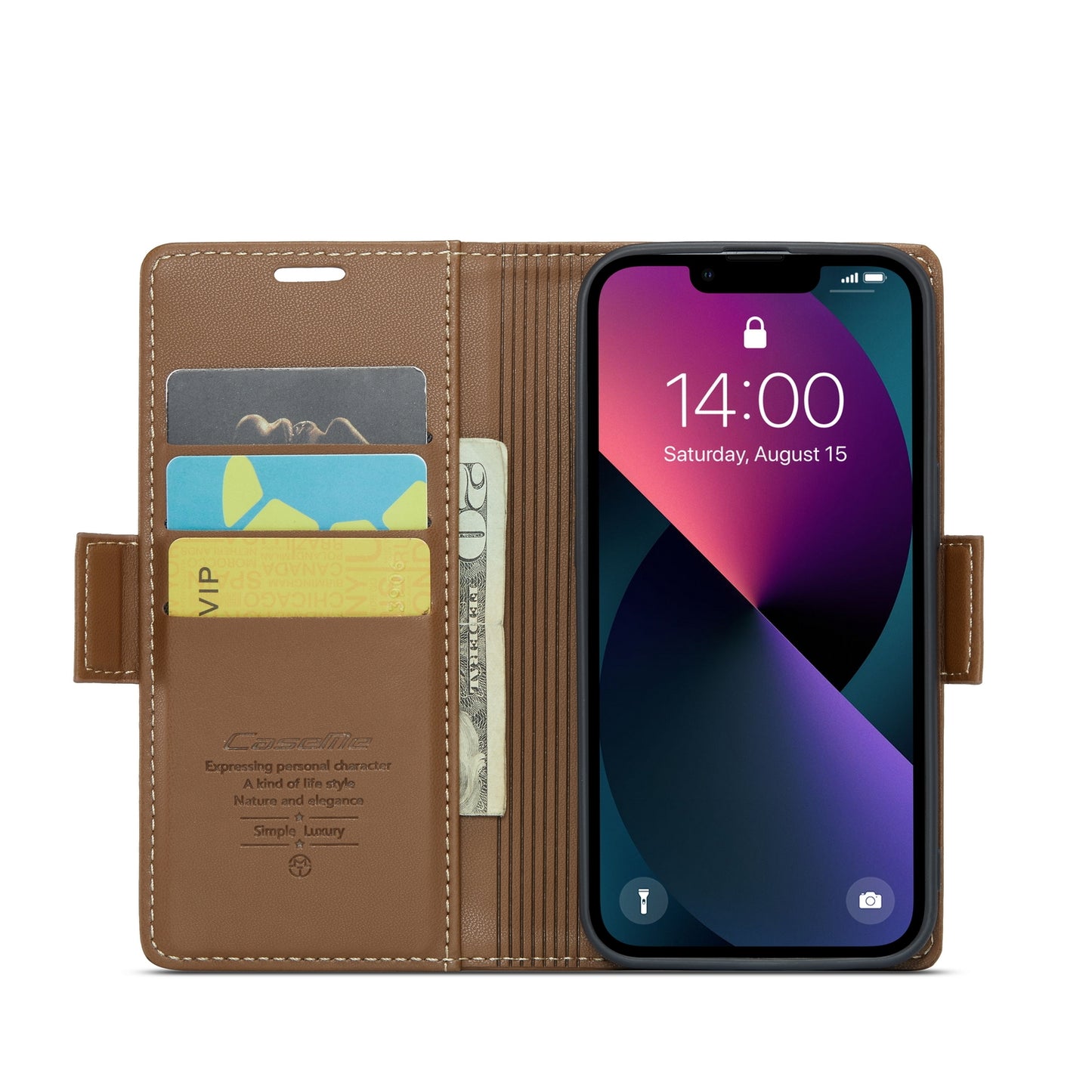 For iPhone 14 Leather Case - Butterfly Buckle, RFID Anti-Theft, Card Slot, Litchi Texture
