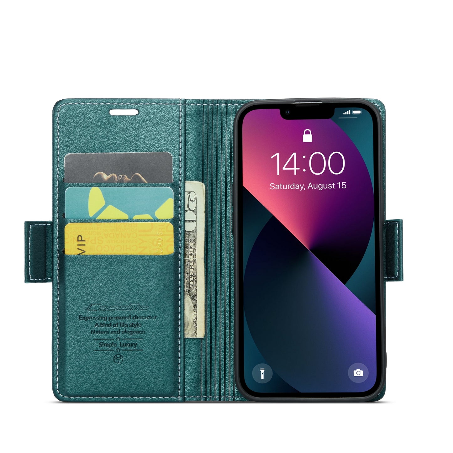 For iPhone 14 Leather Case - Butterfly Buckle, RFID Anti-Theft, Card Slot, Litchi Texture