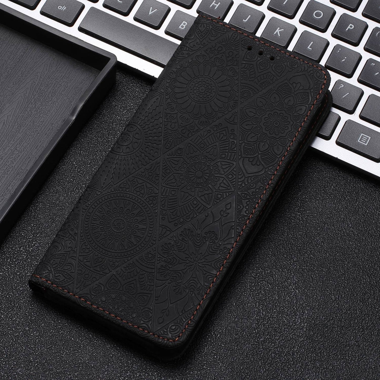 For Samsung Galaxy A12 5G Embossed Leather Case with Card Holder & Stand