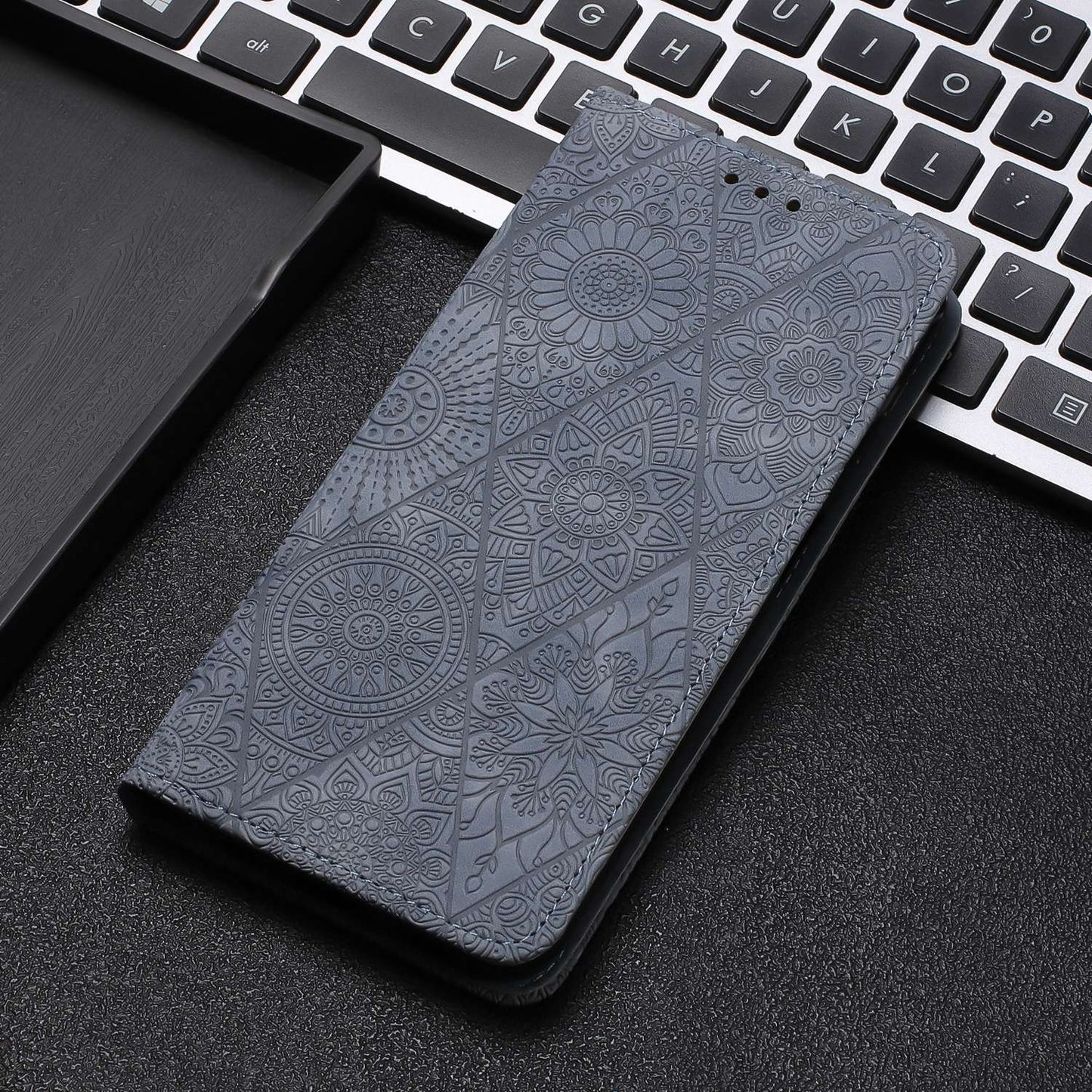 For Samsung Galaxy A42 5G Embossed Leather Case with Card Holder & Stand