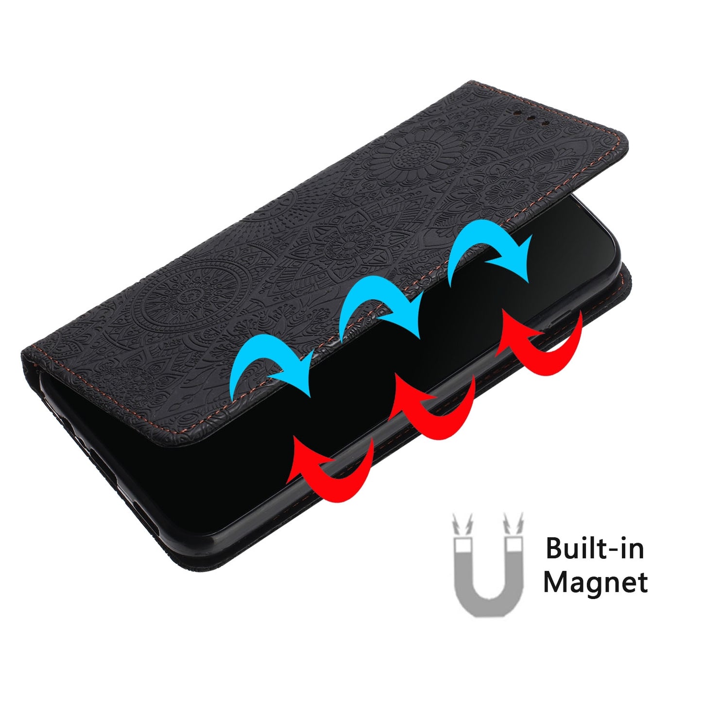 For iPhone 15 Plus Ethnic Embossed Adsorption Leather Phone Case