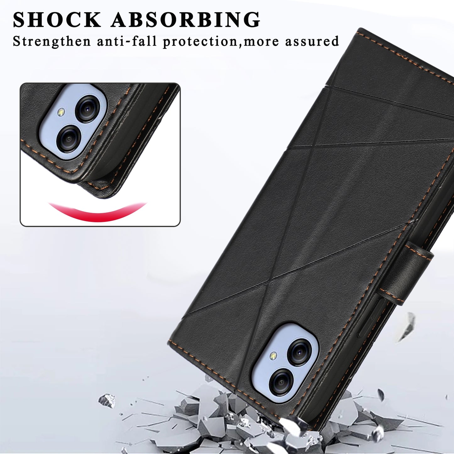 For Samsung Galaxy A04e Genuine Leather Texture Embossed Line Phone Case with Card Wallet & Kickstand