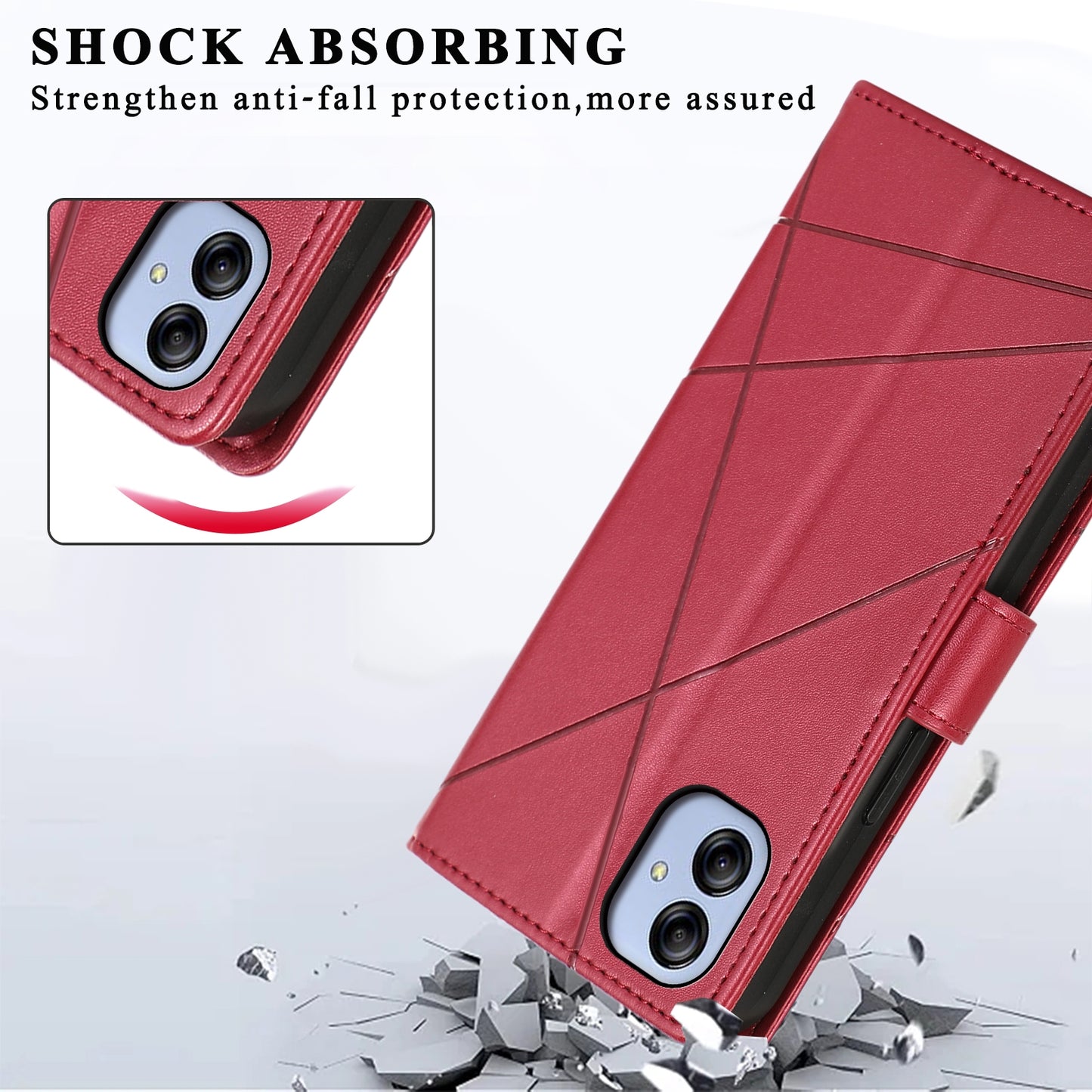 For Samsung Galaxy A04e Genuine Leather Texture Embossed Line Phone Case with Card Wallet & Kickstand