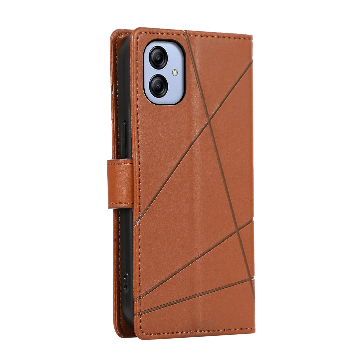 For Samsung Galaxy A04e Genuine Leather Texture Embossed Line Phone Case with Card Wallet & Kickstand