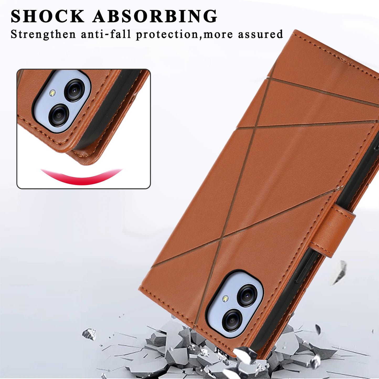 For Samsung Galaxy A04e Genuine Leather Texture Embossed Line Phone Case with Card Wallet & Kickstand