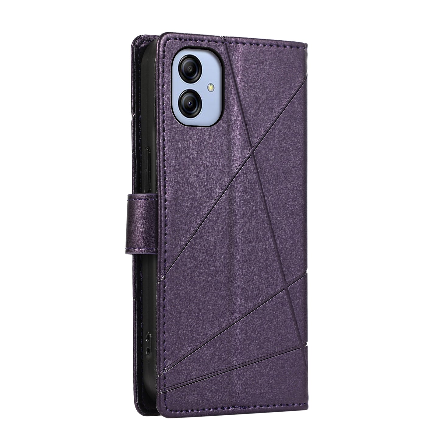 For Samsung Galaxy A04e Genuine Leather Texture Embossed Line Phone Case with Card Wallet & Kickstand