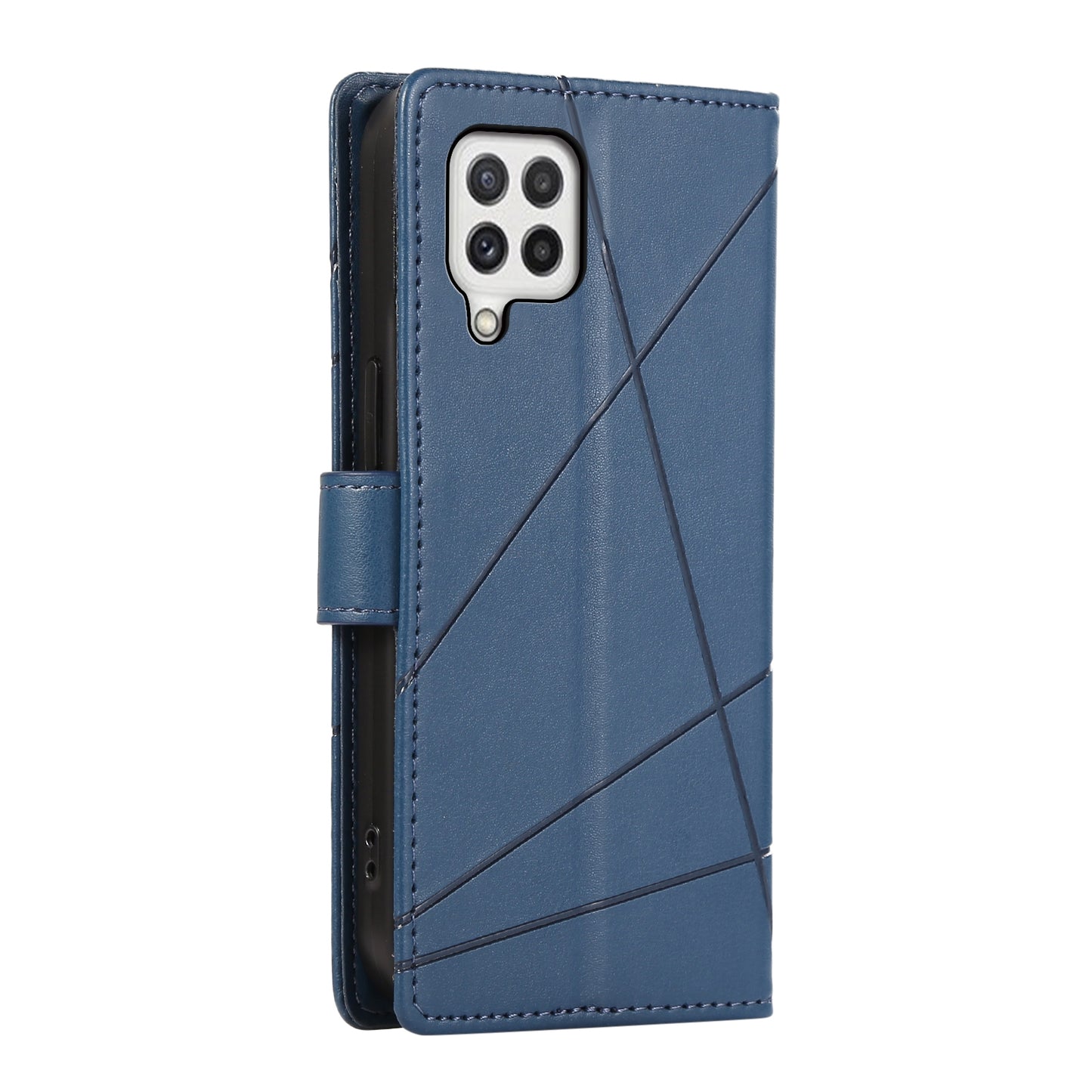 For Samsung Galaxy A22 4G Genuine Leather Texture Embossed Line Phone Case with Card Wallet & Kickstand
