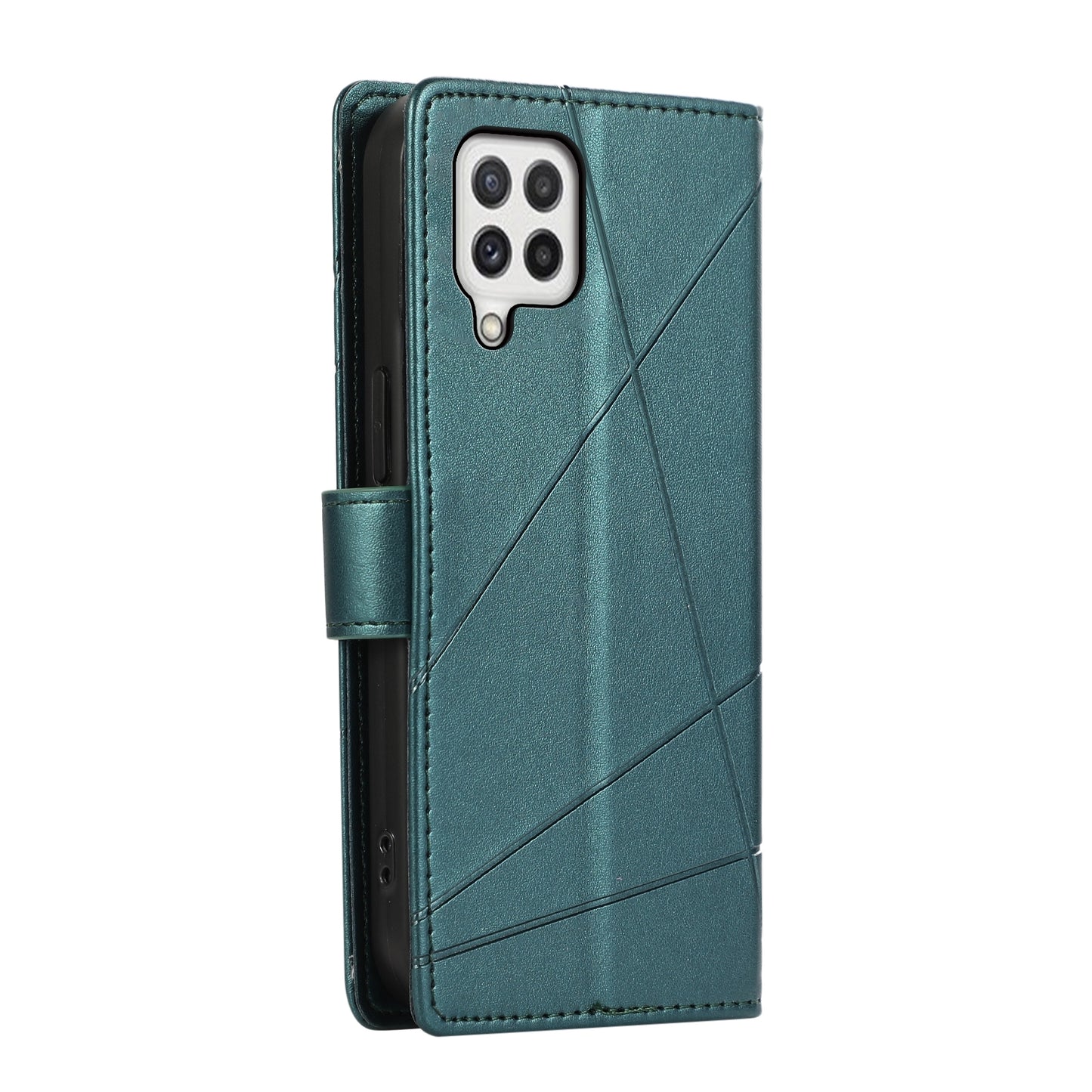 For Samsung Galaxy A22 4G Genuine Leather Texture Embossed Line Phone Case with Card Wallet & Kickstand