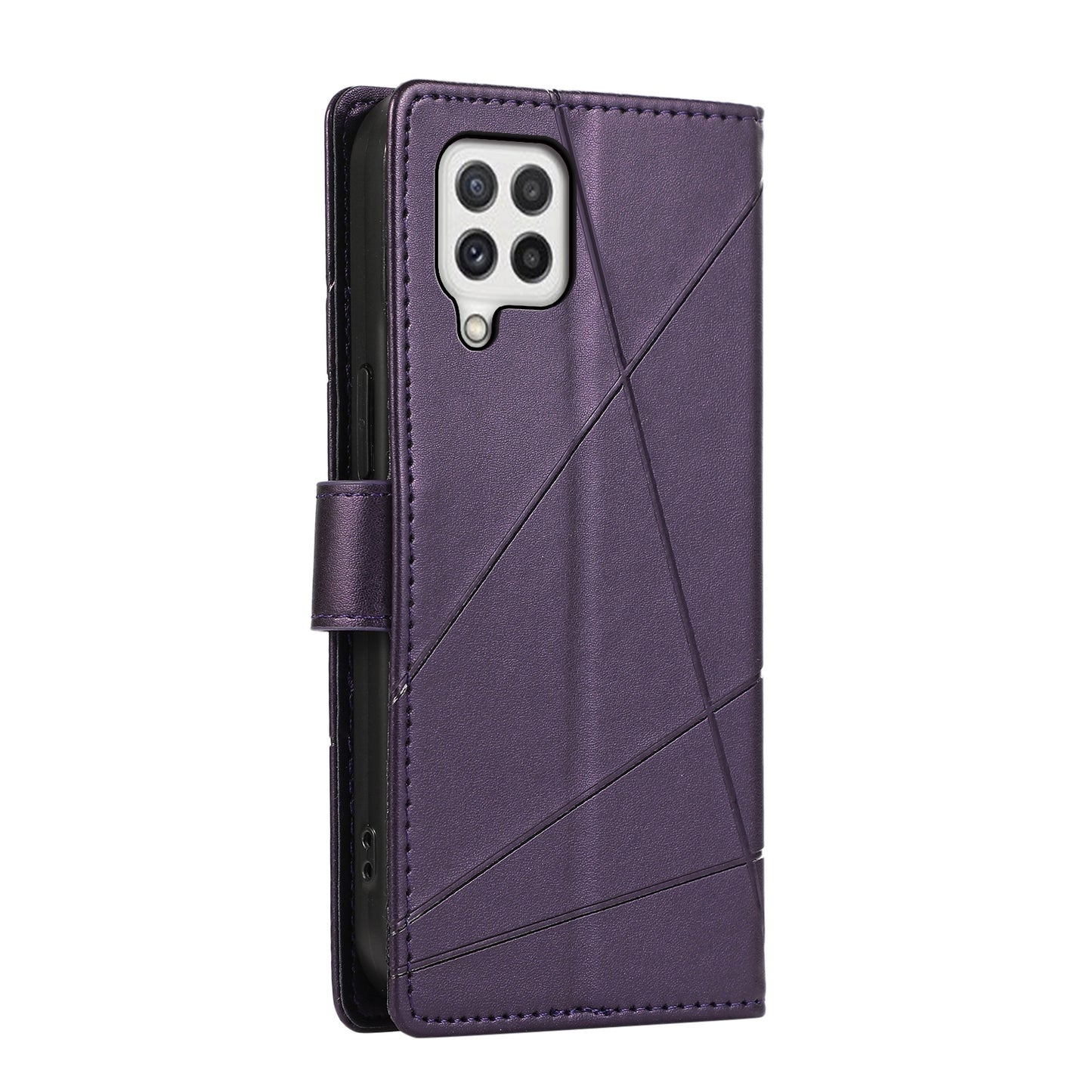 For Samsung Galaxy A22 4G Genuine Leather Texture Embossed Line Phone Case with Card Wallet & Kickstand