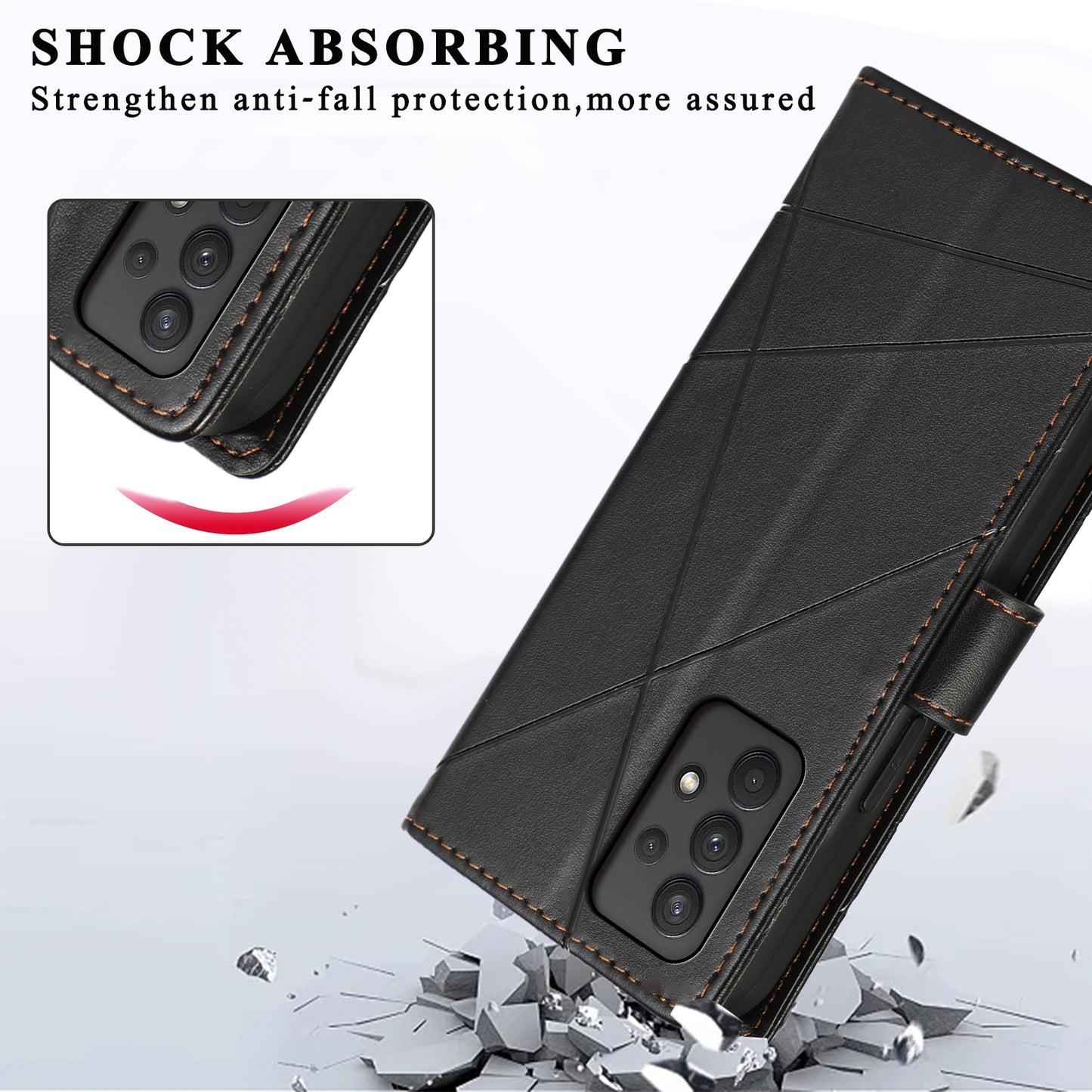 For Samsung Galaxy A32 Genuine Leather Texture Embossed Line Phone Case with Card Wallet & Kickstand