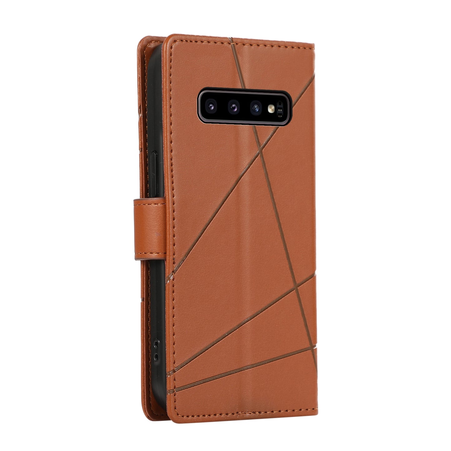 For Samsung Galaxy S10 Genuine Leather Texture Embossed Line Phone Case with Card Wallet & Kickstand