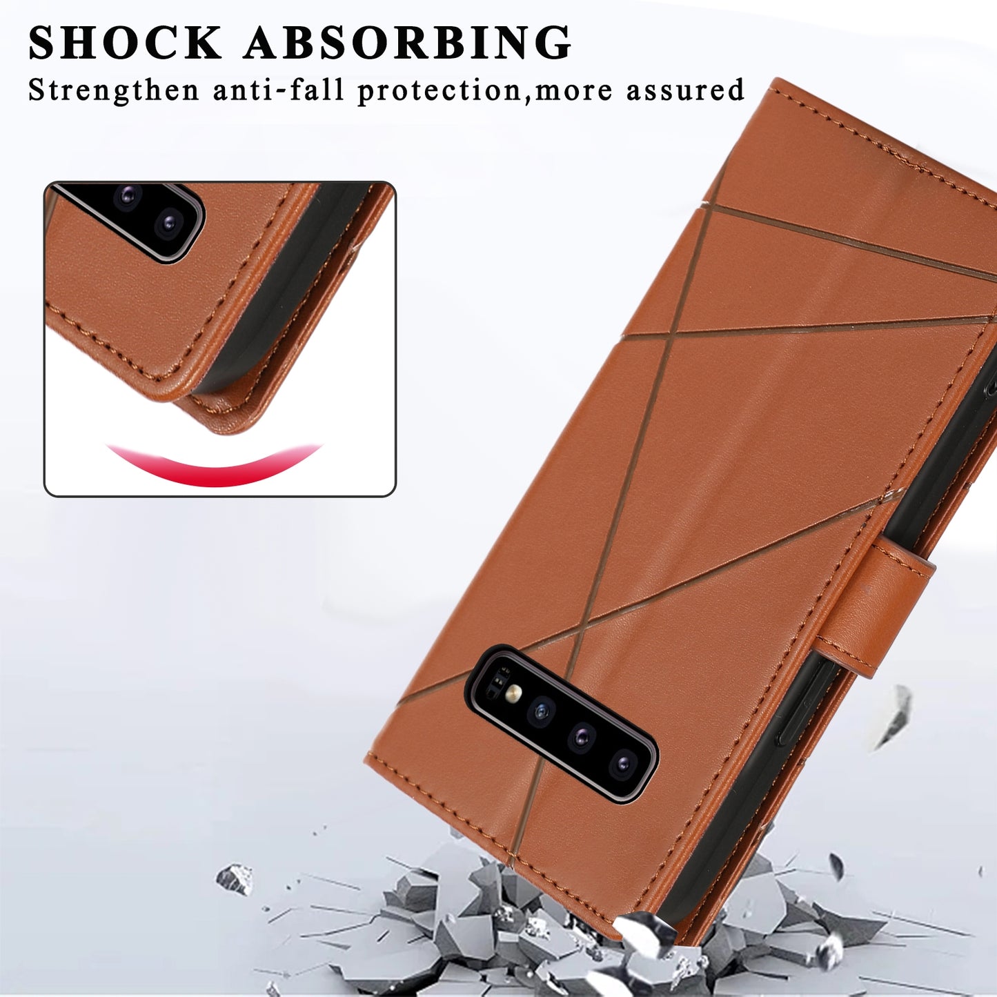 For Samsung Galaxy S10 Genuine Leather Texture Embossed Line Phone Case with Card Wallet & Kickstand