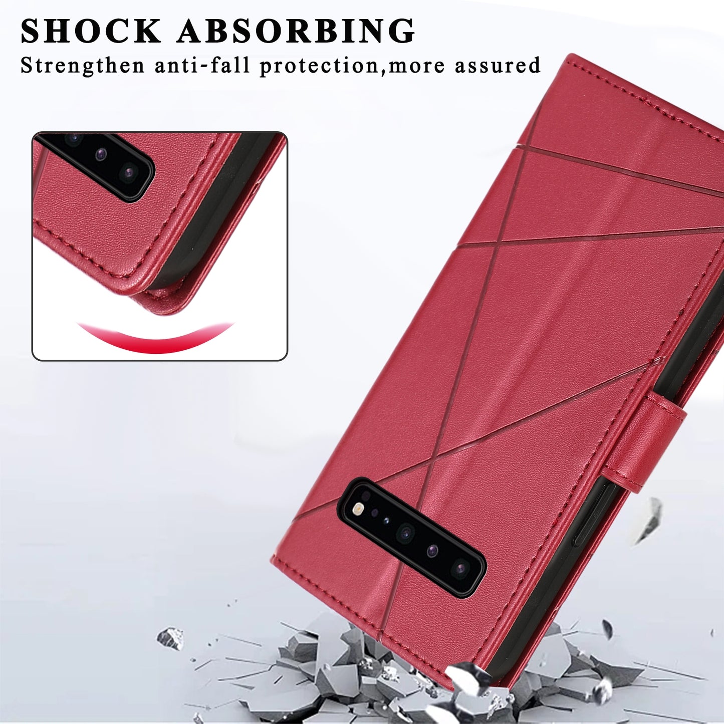 For Samsung Galaxy S10 5G Genuine Leather Texture Embossed Line Phone Case with Card Wallet & Kickstand