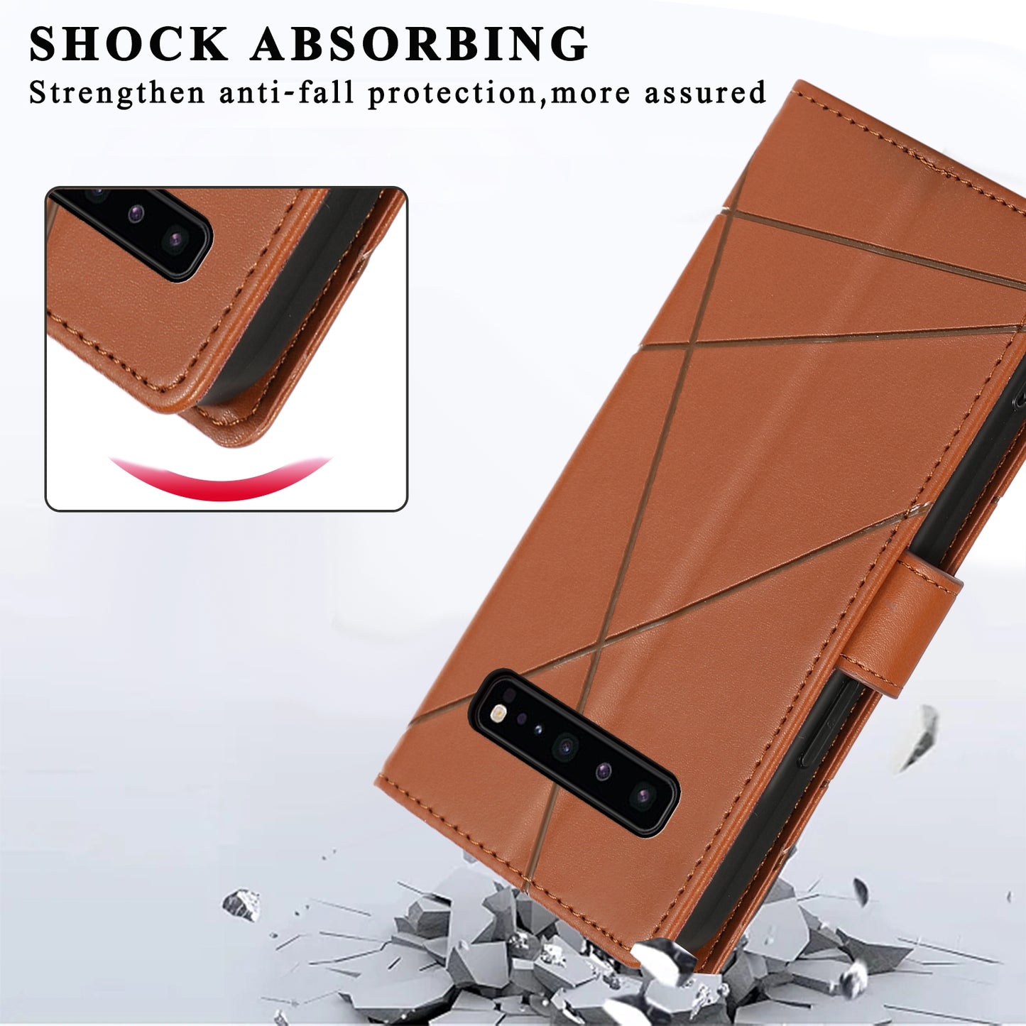 For Samsung Galaxy S10 5G Genuine Leather Texture Embossed Line Phone Case with Card Wallet & Kickstand