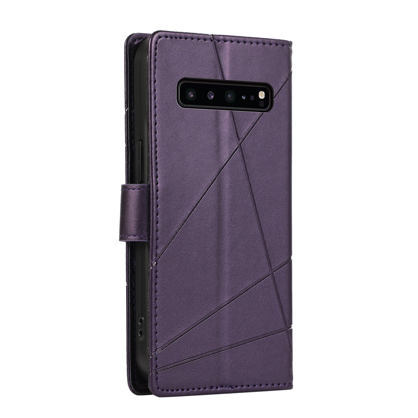For Samsung Galaxy S10 5G Genuine Leather Texture Embossed Line Phone Case with Card Wallet & Kickstand