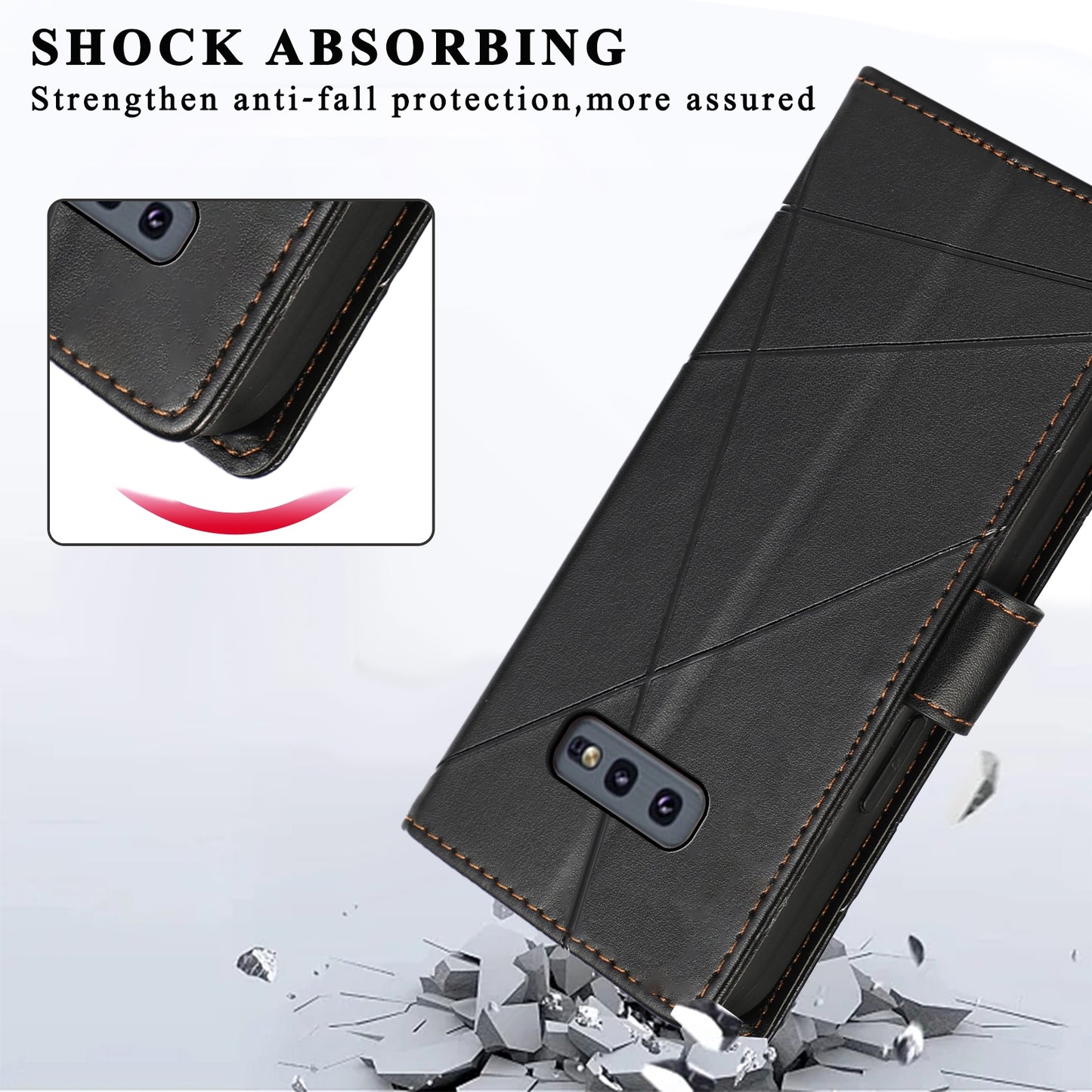 For Samsung Galaxy S10e Genuine Leather Texture Embossed Line Phone Case with Card Wallet & Kickstand