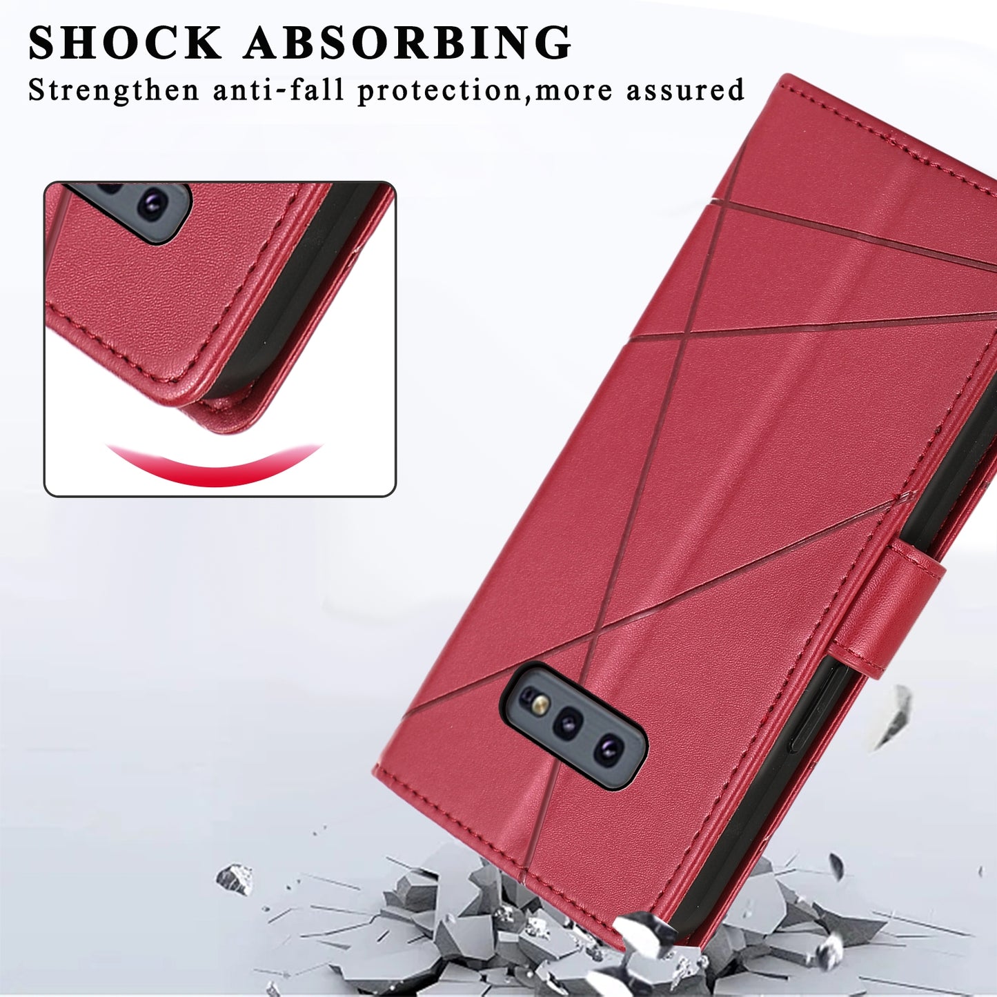 For Samsung Galaxy S10e Genuine Leather Texture Embossed Line Phone Case with Card Wallet & Kickstand