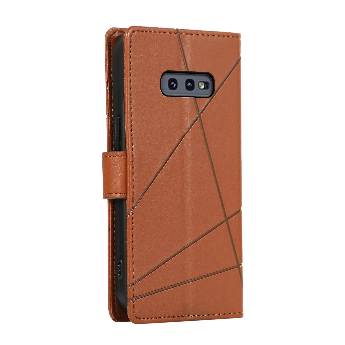 For Samsung Galaxy S10e Genuine Leather Texture Embossed Line Phone Case with Card Wallet & Kickstand