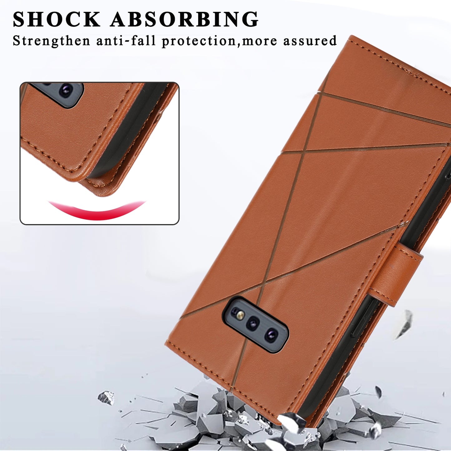 For Samsung Galaxy S10e Genuine Leather Texture Embossed Line Phone Case with Card Wallet & Kickstand