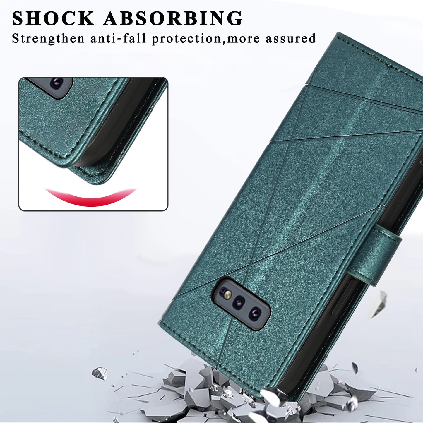 For Samsung Galaxy S10e Genuine Leather Texture Embossed Line Phone Case with Card Wallet & Kickstand