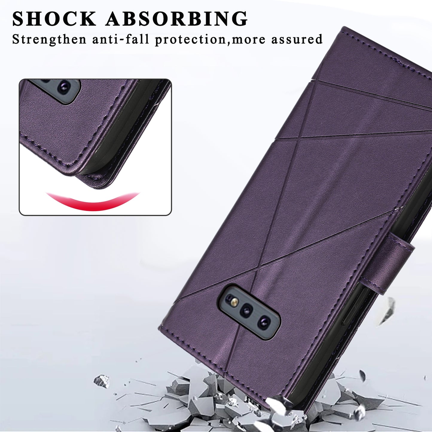 For Samsung Galaxy S10e Genuine Leather Texture Embossed Line Phone Case with Card Wallet & Kickstand