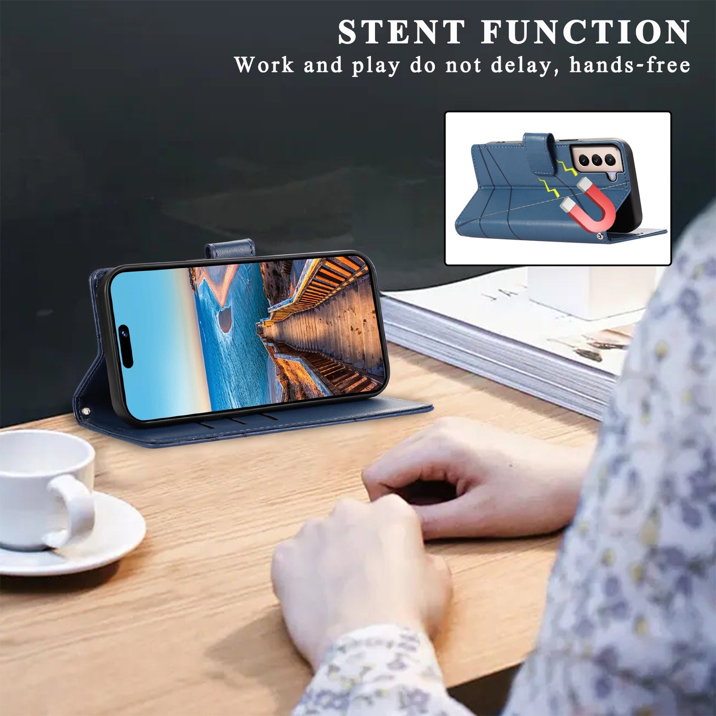 For Samsung Galaxy S21+ 5G Genuine Leather Texture Embossed Line Phone Case with Card Wallet & Kickstand