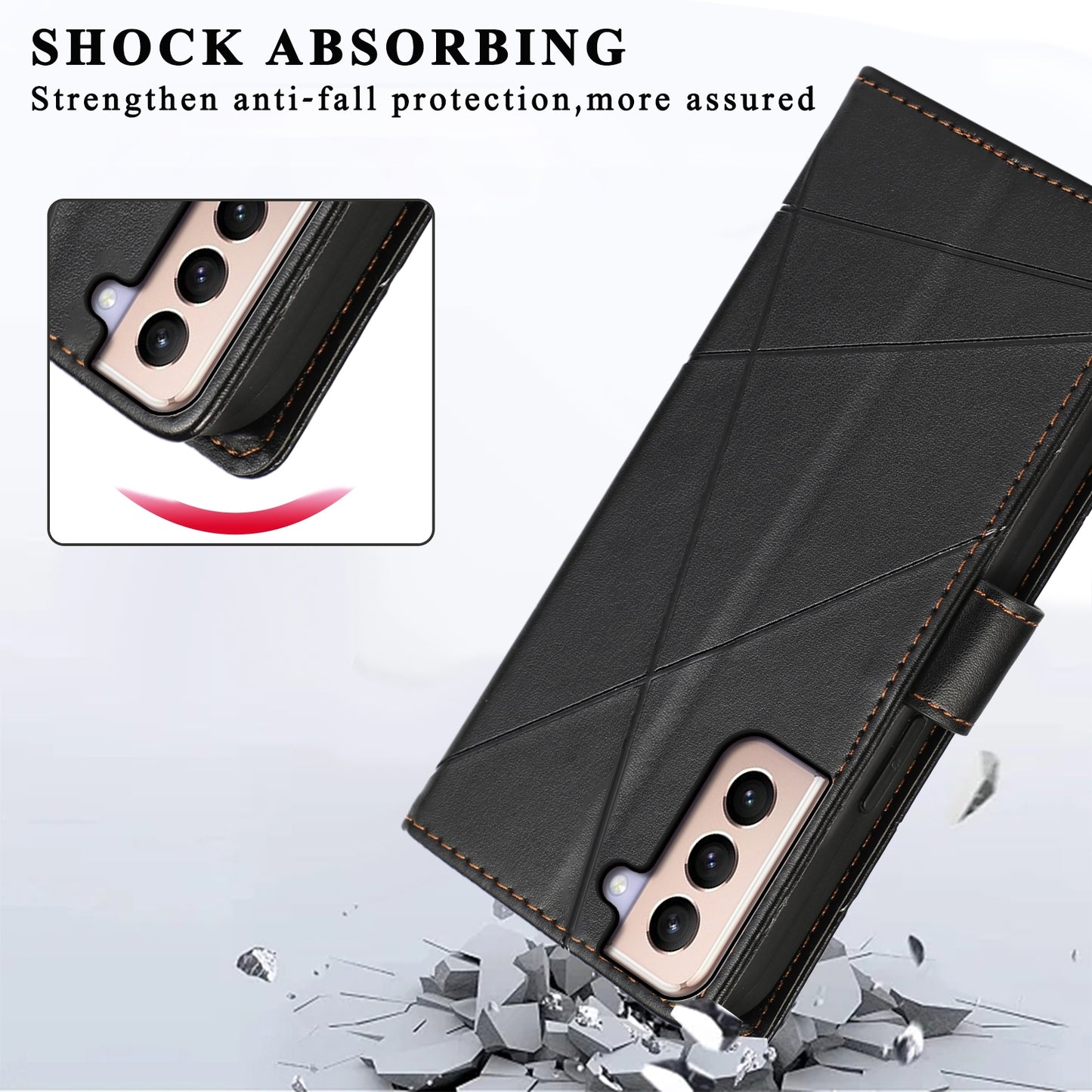 For Samsung Galaxy S21+ 5G Genuine Leather Texture Embossed Line Phone Case with Card Wallet & Kickstand