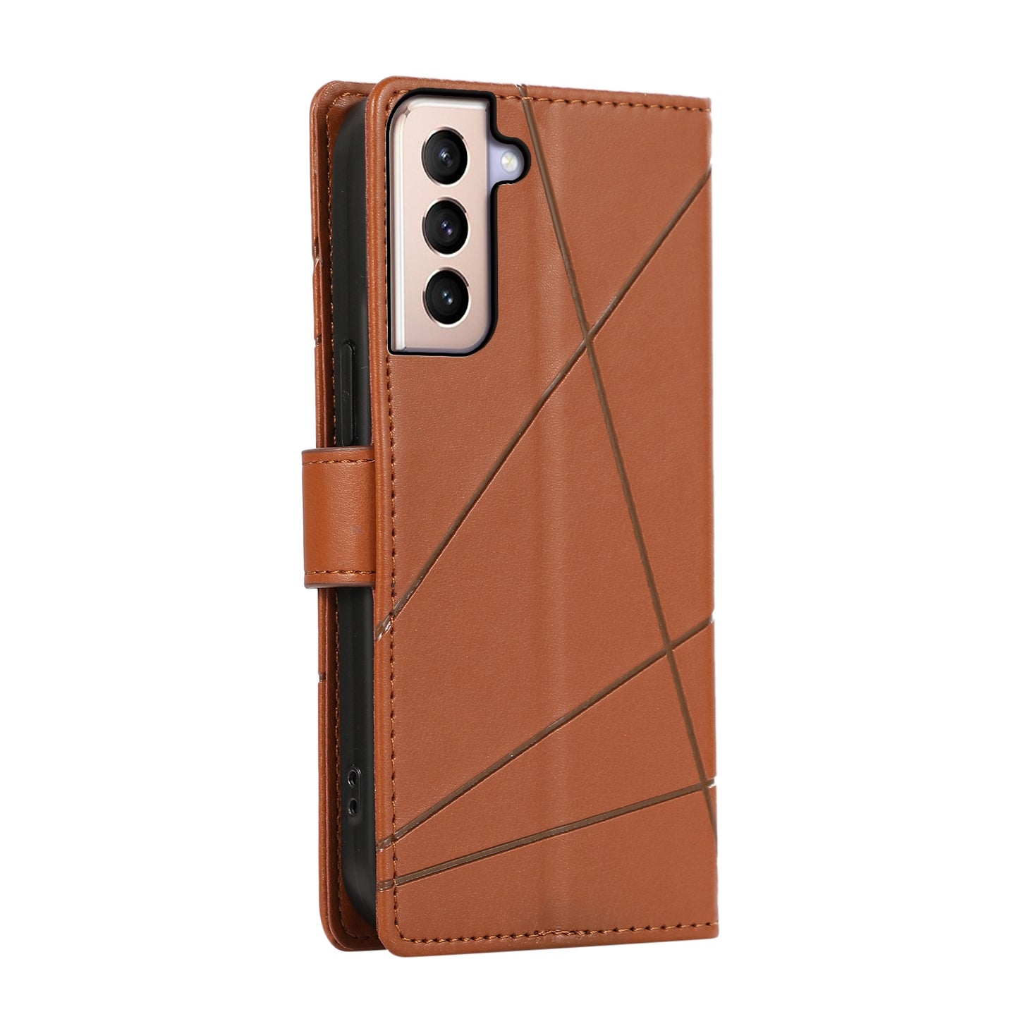 For Samsung Galaxy S21+ 5G Genuine Leather Texture Embossed Line Phone Case with Card Wallet & Kickstand
