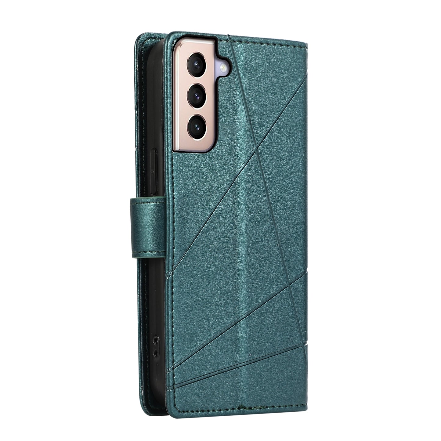 For Samsung Galaxy S21+ 5G Genuine Leather Texture Embossed Line Phone Case with Card Wallet & Kickstand