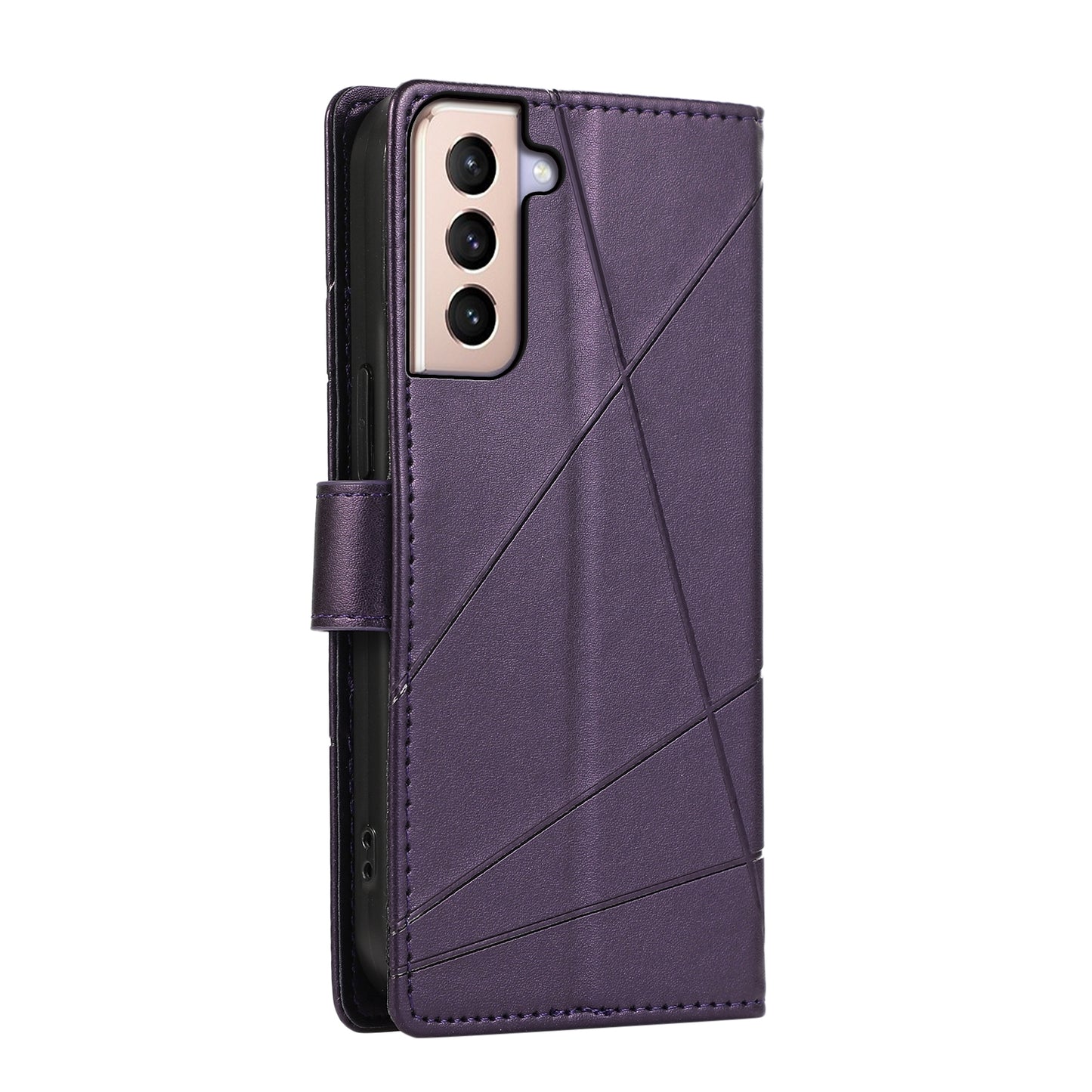 For Samsung Galaxy S21+ 5G Genuine Leather Texture Embossed Line Phone Case with Card Wallet & Kickstand