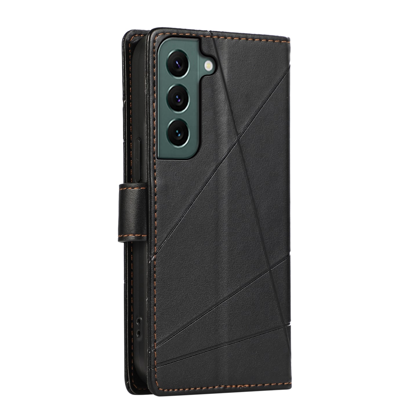 For Samsung Galaxy S22 5G Genuine Leather Texture Embossed Line Phone Case with Card Wallet & Kickstand