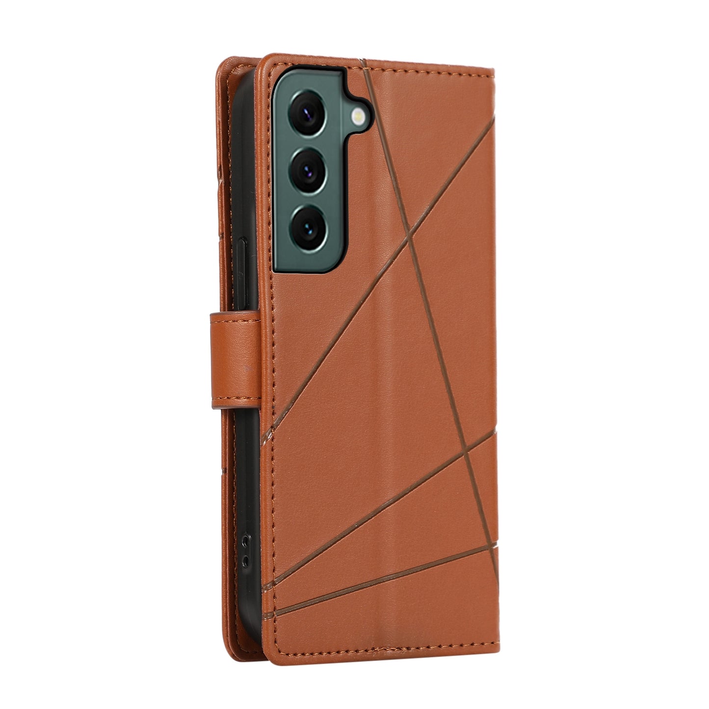 For Samsung Galaxy S22 5G Genuine Leather Texture Embossed Line Phone Case with Card Wallet & Kickstand