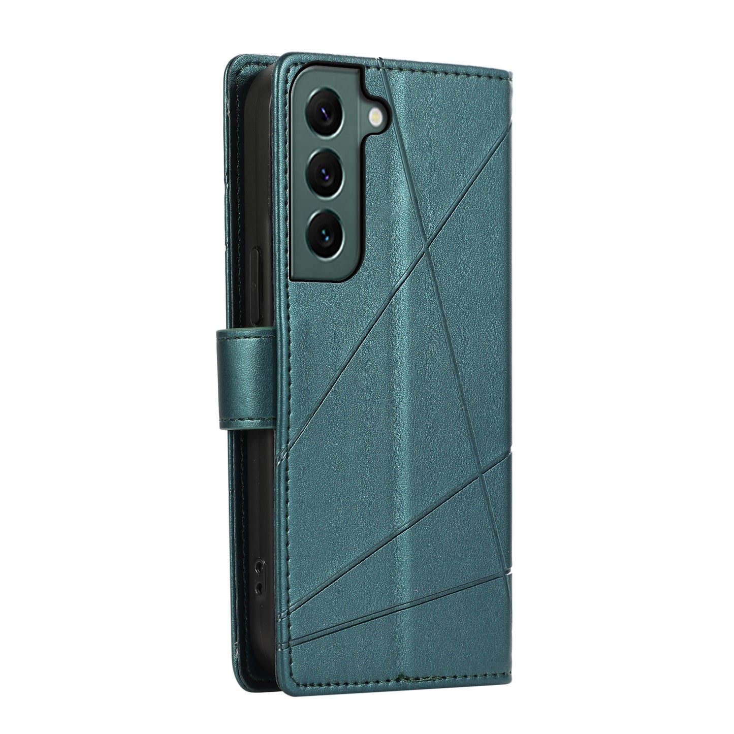 For Samsung Galaxy S22 5G Genuine Leather Texture Embossed Line Phone Case with Card Wallet & Kickstand